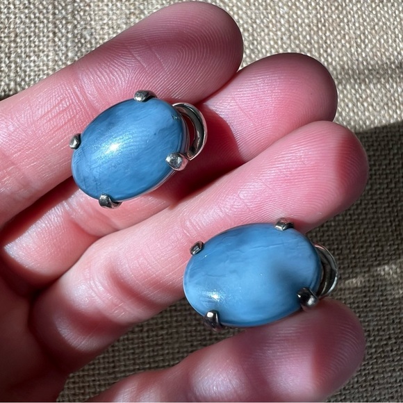 Blue stone silver clasp clippies clip earrings vintage 925 stud simple medium - Picture 1 of 5